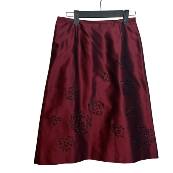 Ann Taylor Vintage Burgundy Beaded Floral Silk Skirt - Picture 1 of 5